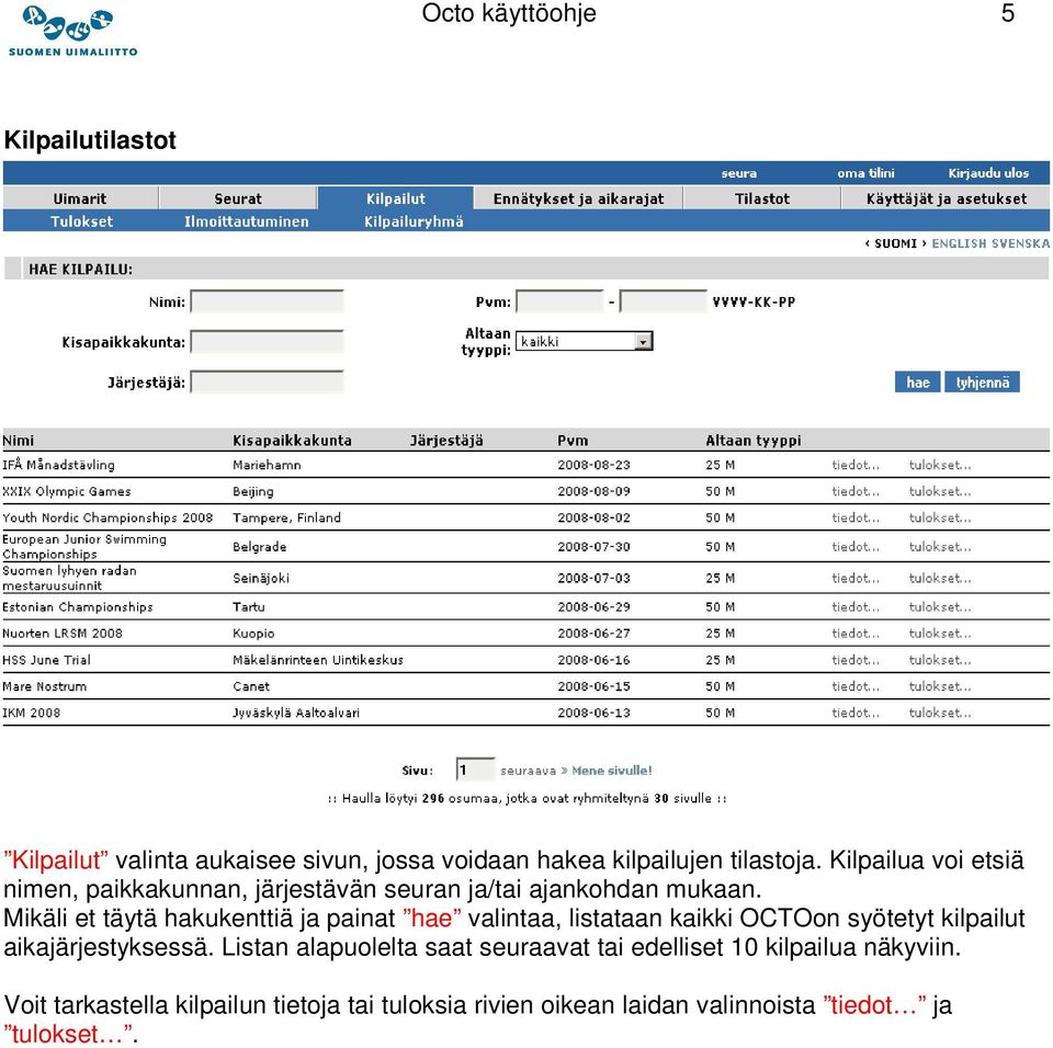 Mikäli et täytä hakukenttiä ja painat hae valintaa, listataan kaikki OCTOon syötetyt kilpailut aikajärjestyksessä.