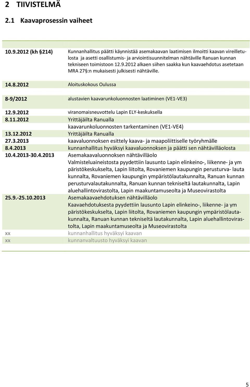 9.2012 alkaen siihen saakka kun kaavaehdotus asetetaan MRA 27 :n mukaisesti julkisesti nähtäville. 14.8.2012 Aloituskokous Oulussa 8-9/2012 alustavien kaavarunkoluonnosten laatiminen (VE1-VE3) 12.9.2012 viranomaisneuvottelu Lapin ELY-keskuksella 8.