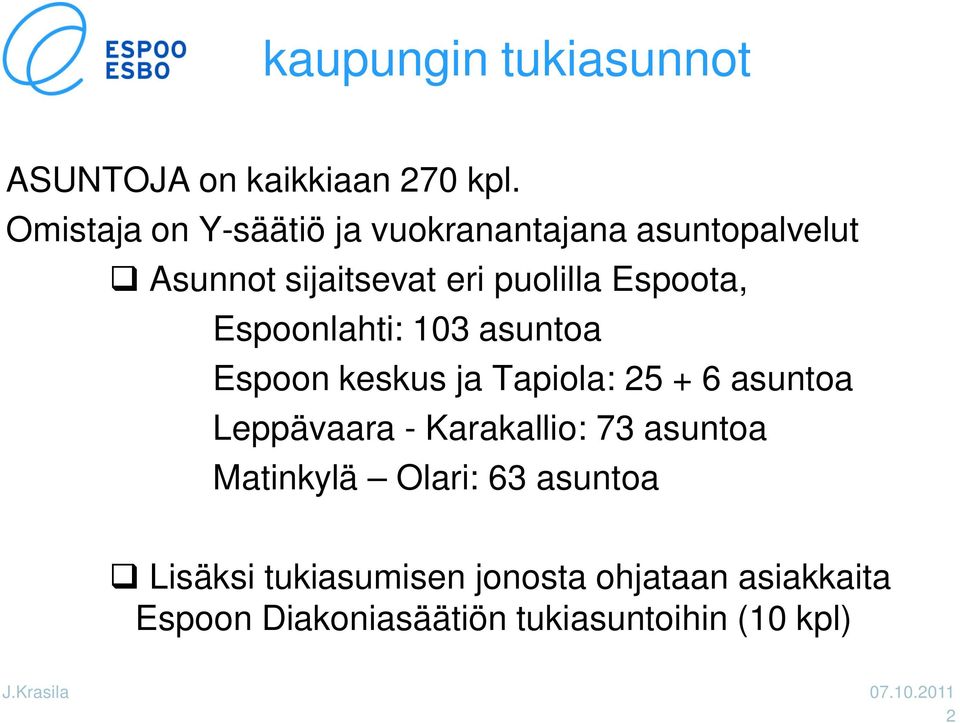 Espoota, Espoonlahti: 103 asuntoa Espoon keskus ja Tapiola: 25 + 6 asuntoa Leppävaara -