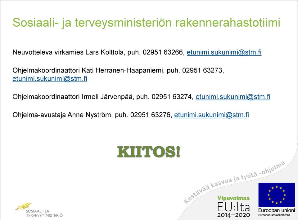 02951 63273, etunimi.sukunimi@stm.fi Ohjelmakoordinaattori Irmeli Järvenpää, puh.