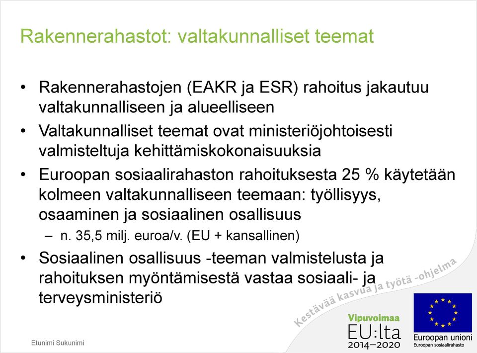 rahoituksesta 25 % käytetään kolmeen valtakunnalliseen teemaan: työllisyys, osaaminen ja sosiaalinen osallisuus n. 35,5 milj.
