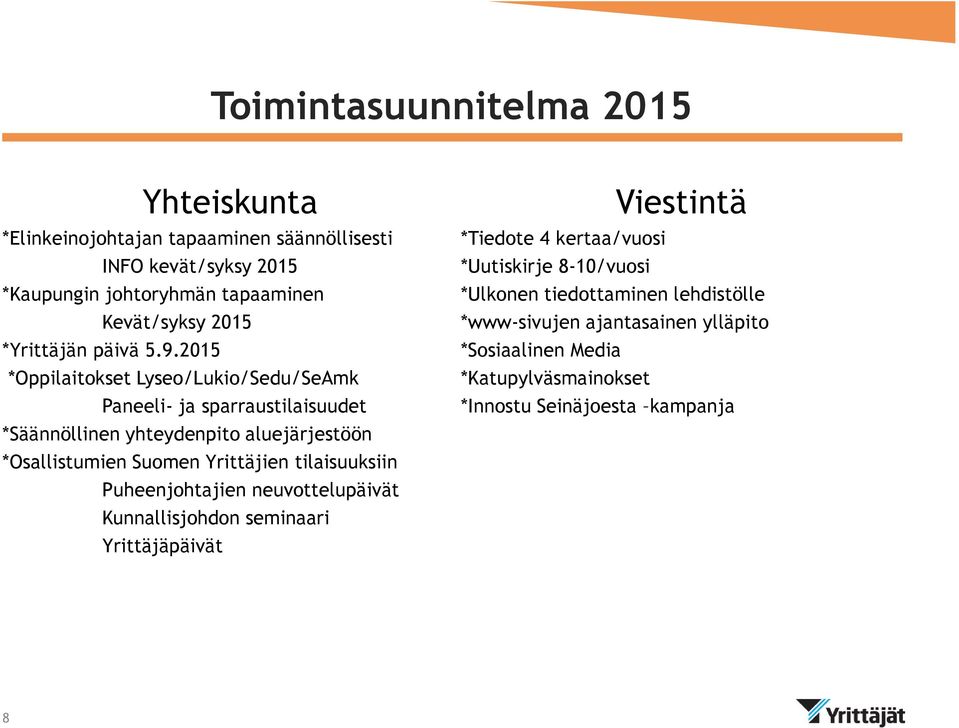 2015 *Oppilaitokset Lyseo/Lukio/Sedu/SeAmk Paneeli- ja sparraustilaisuudet *Säännöllinen yhteydenpito aluejärjestöön *Osallistumien Suomen Yrittäjien