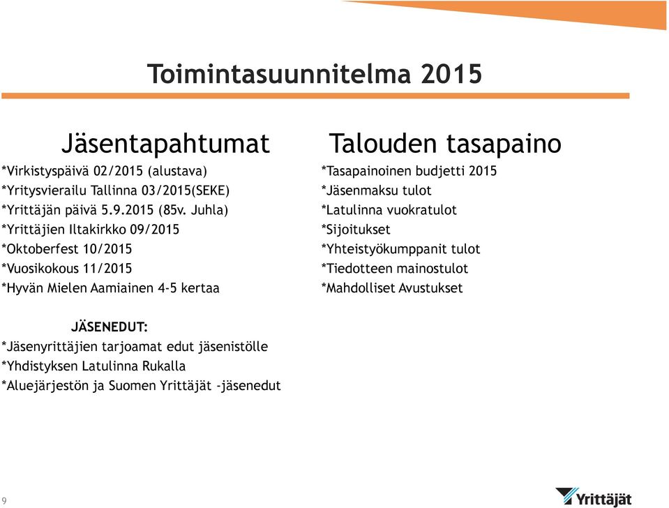 Juhla) *Yrittäjien Iltakirkko 09/2015 *Oktoberfest 10/2015 *Vuosikokous 11/2015 *Hyvän Mielen Aamiainen 4-5 kertaa Talouden tasapaino