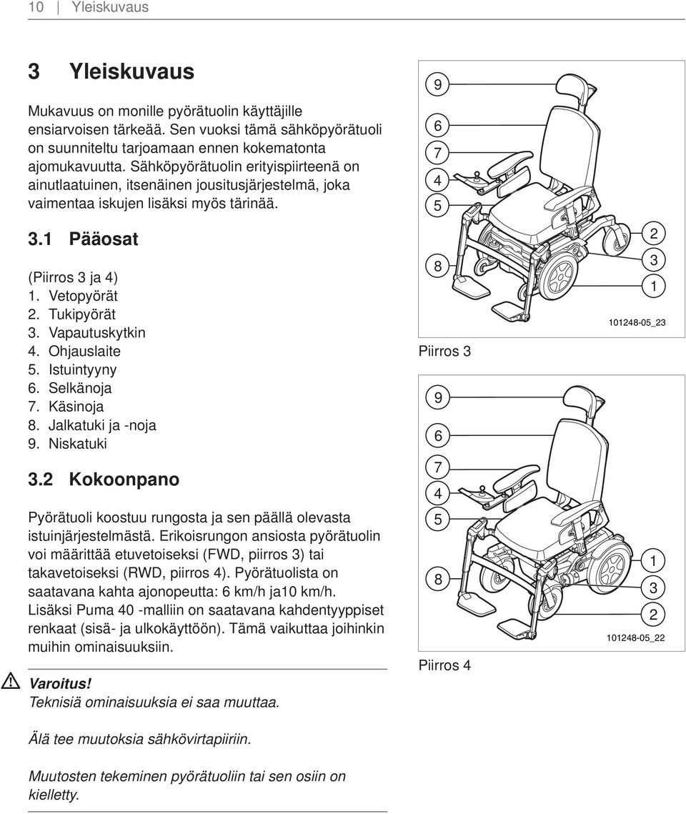 Vapautuskytkin 4. Ohjauslaite 5. Istuintyyny 6. Selkänoja 7. Käsinoja 8. Jalkatuki ja -noja 9. Niskatuki 3.2 Kokoonpano Pyörätuoli koostuu rungosta ja sen päällä olevasta istuinjärjestelmästä.