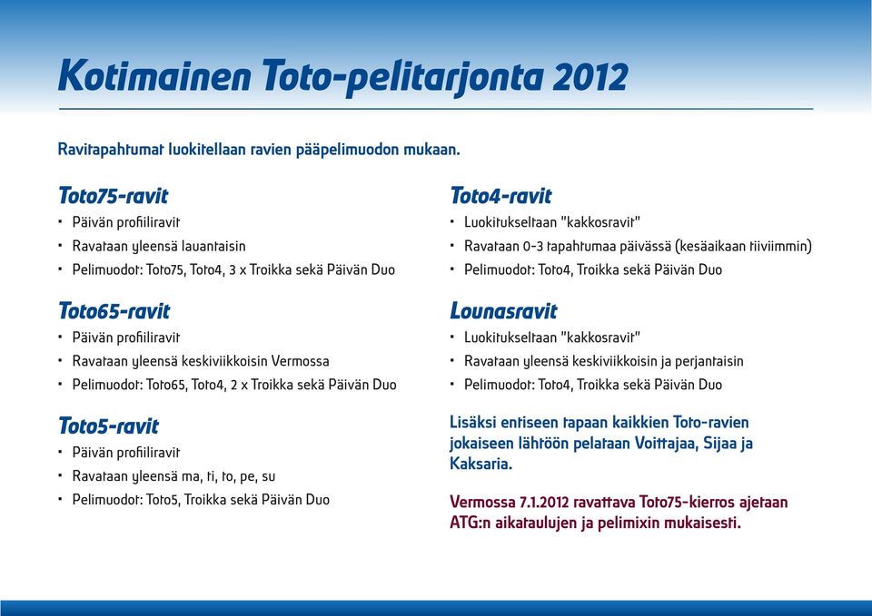 Toto, Toto, x Troikka sekä Päivän Duo Toto-ravit Päivän profiiliravit Ravataan yleensä ma, ti, to, pe, su Pelimuodot: Toto, Troikka sekä Päivän Duo Toto-ravit Luokitukseltaan kakkosravit Ravataan 0-