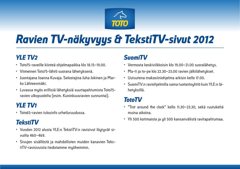YLE TV Toto-ravien tulosinfo urheiluruudussa. TekstiTV Vuoden 0 alusta YLE:n TekstiTV:n ravisivut löytyvät sivuilta 0.