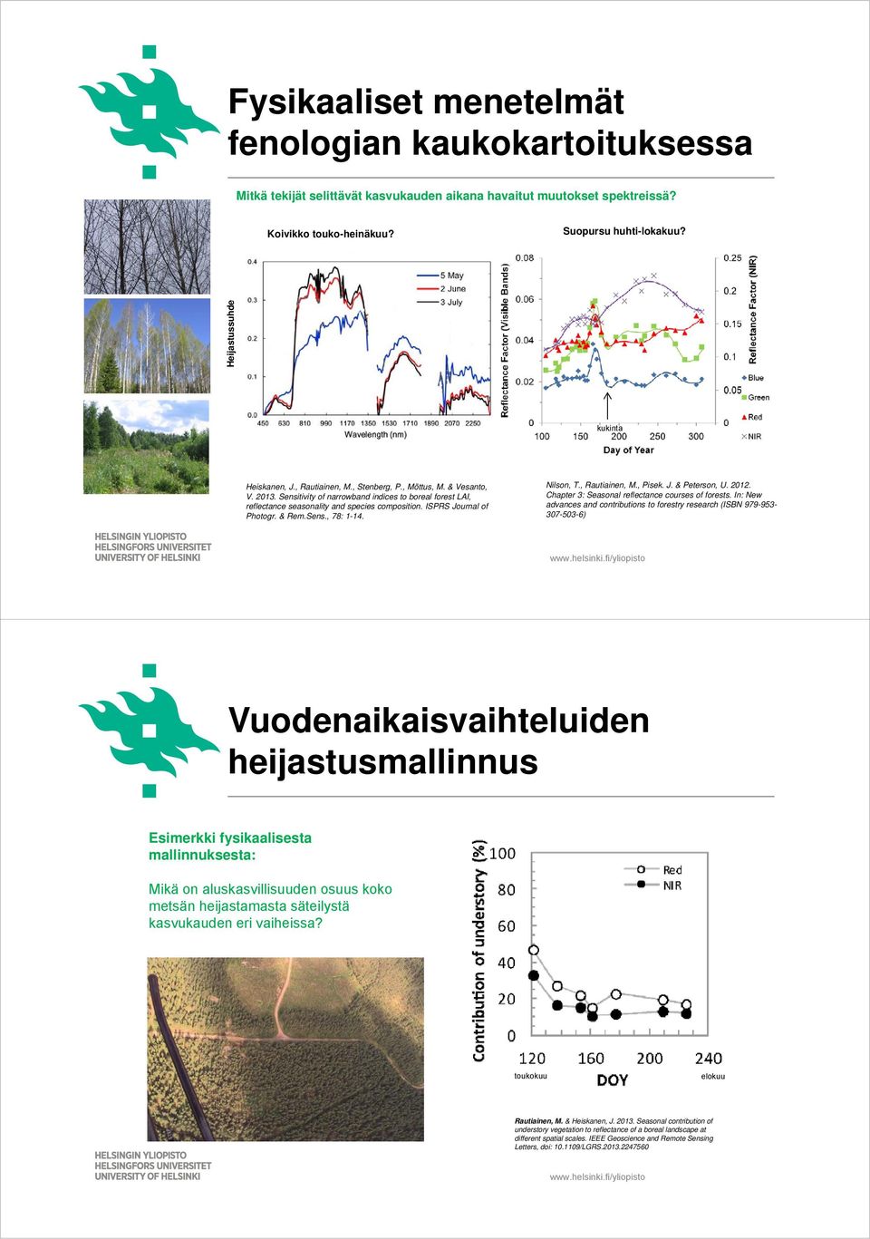 Sensitivity of narrowband indices to boreal forest LAI, reflectance seasonality and species composition. ISPRS Journal of Photogr. & Rem.Sens., 78: 1-14. Nilson, T., Rautiainen, M., Pisek. J. & Peterson, U.