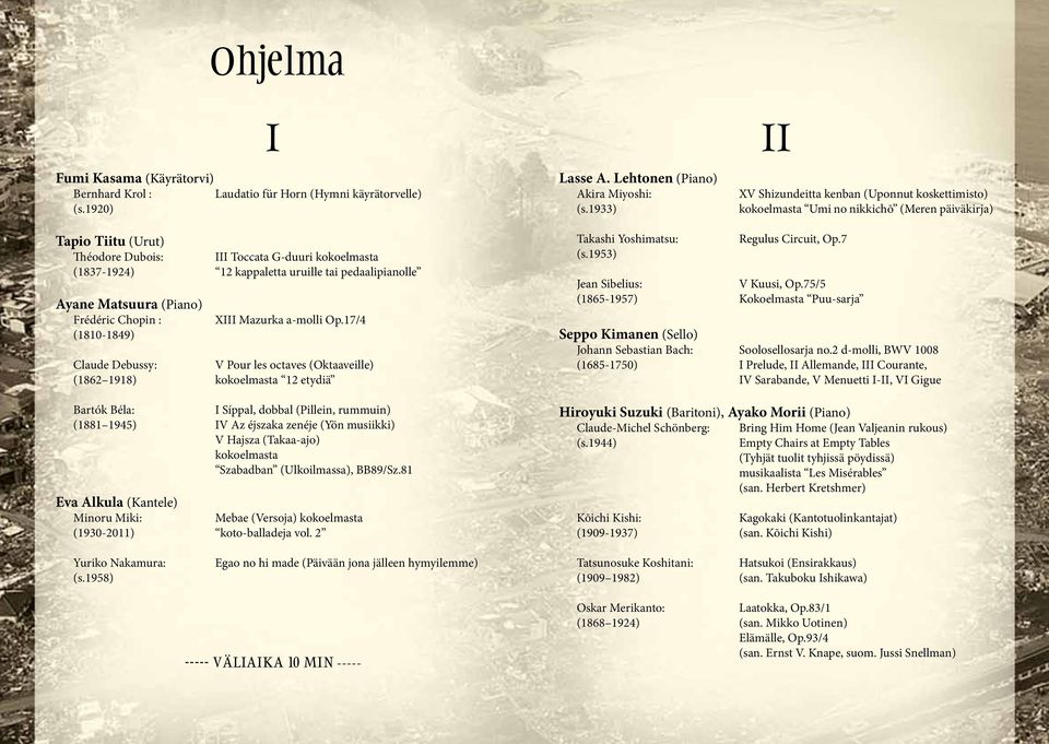 uruille tai pedaalipianolle Ayane Matsuura (Piano) Frédéric Chopin : (1810-1849) XIII Mazurka a-molli Op.