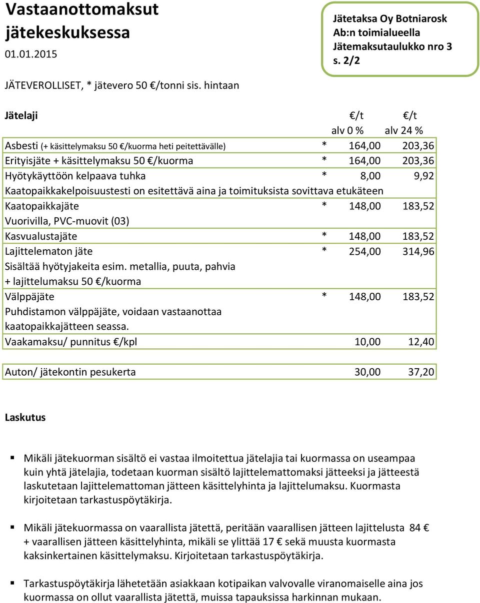 8,00 9,92 Kaatopaikkakelpoisuustesti on esitettävä aina ja toimituksista sovittava etukäteen Kaatopaikkajäte Vuorivilla, PVC-muovit (03) * 148,00 183,52 Kasvualustajäte * 148,00 183,52 Lajittelematon