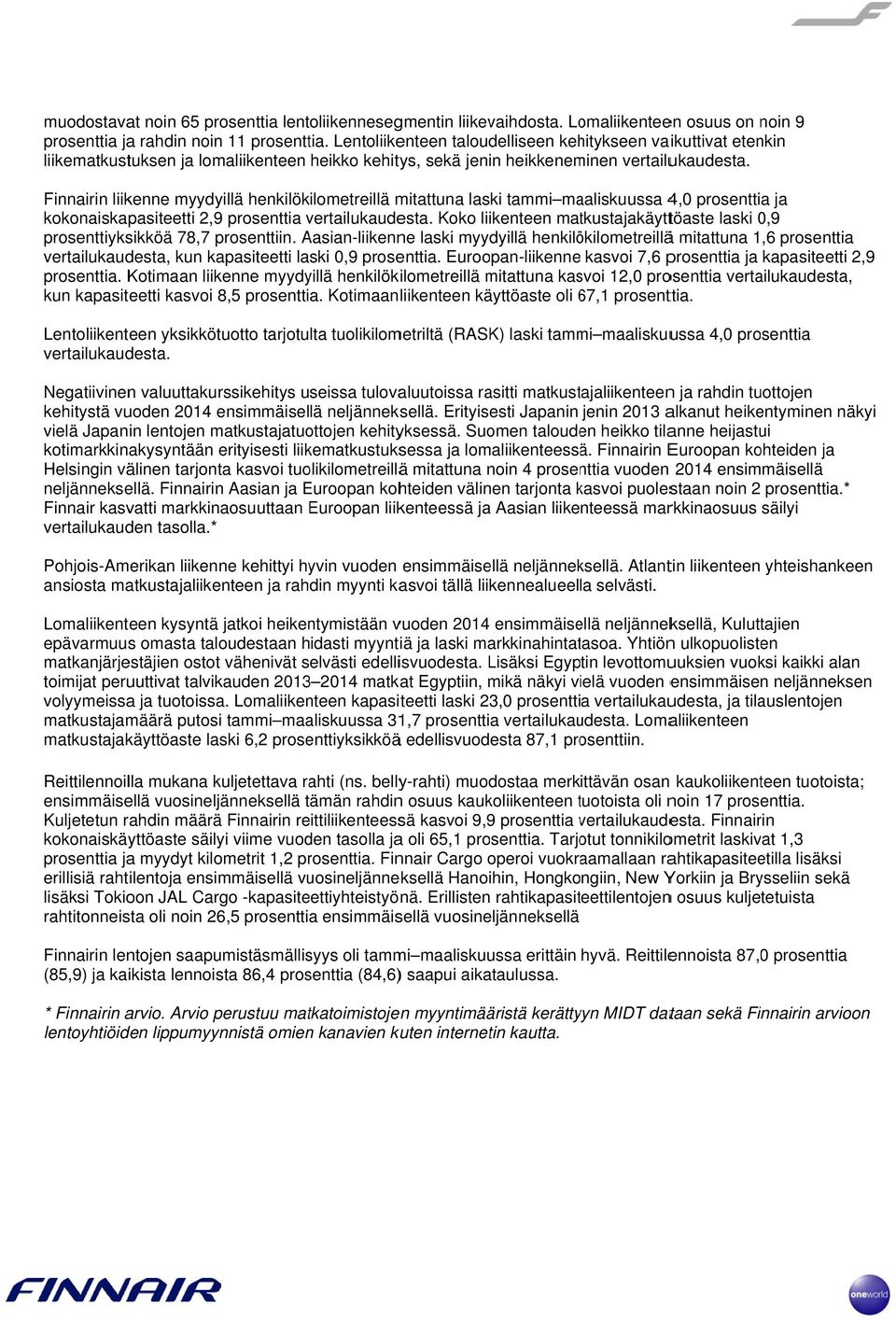 Finnairin liikenne myydyillä henkilökilometreillä mitattuna laski tammi maaliskuussa 4,0 prosenttia ja kokonaiskapasiteetti 2,9 prosenttia vertailukaude esta.