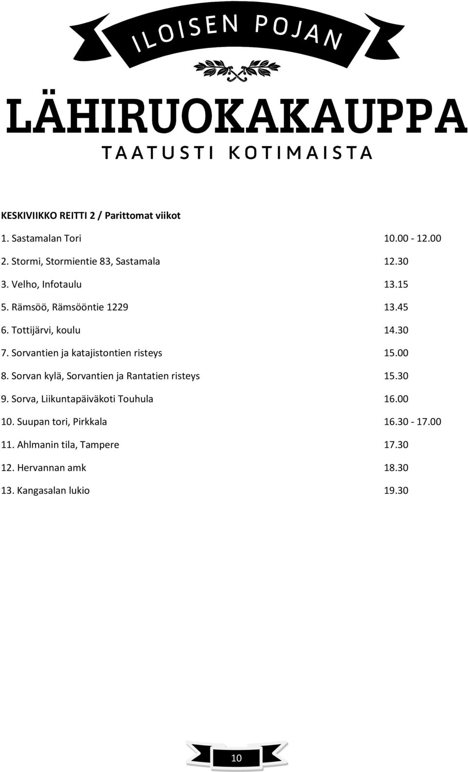 Sorvantien ja katajistontien risteys 15.00 8. Sorvan kylä, Sorvantien ja Rantatien risteys 15.30 9.