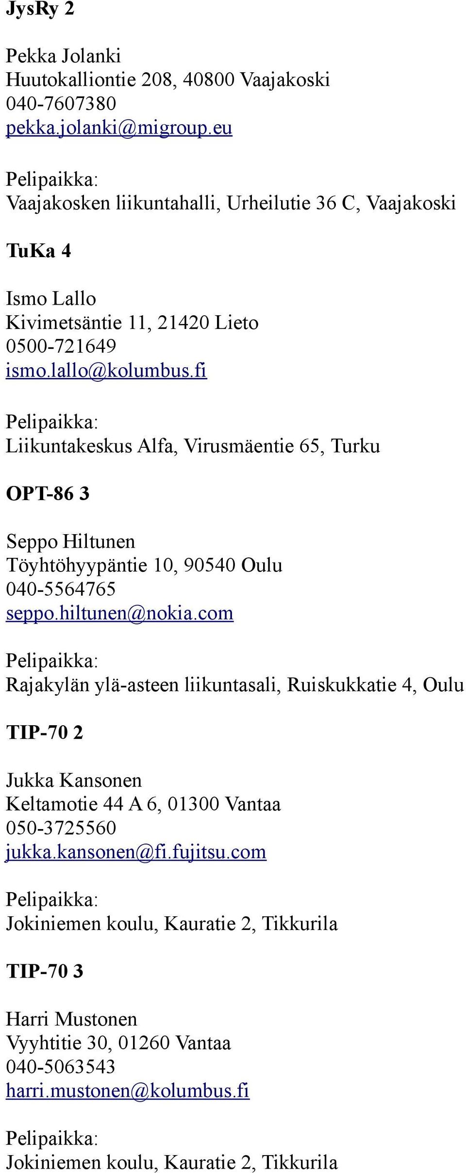 fi Liikuntakeskus Alfa, Virusmäentie 65, Turku OPT-86 3 Seppo Hiltunen Töyhtöhyypäntie 10, 90540 Oulu 040-5564765 seppo.hiltunen@nokia.