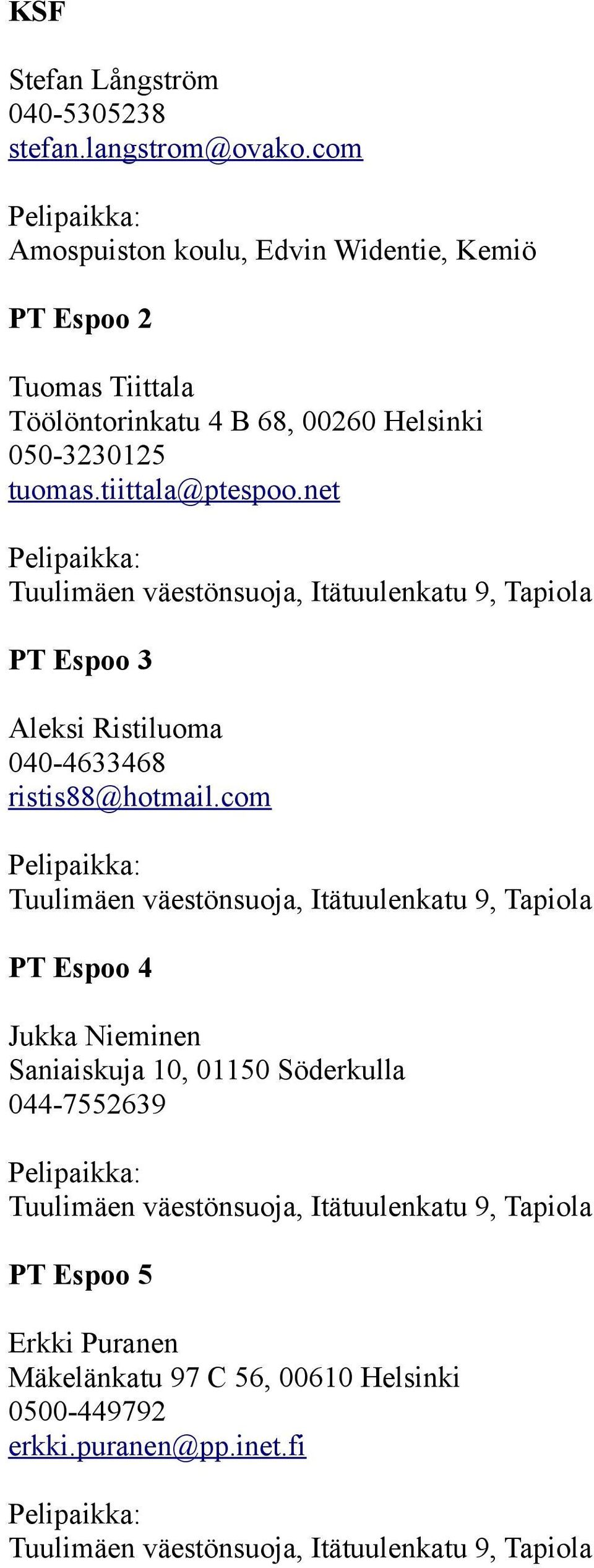 net Tuulimäen väestönsuoja, Itätuulenkatu 9, Tapiola PT Espoo 3 Aleksi Ristiluoma 040-4633468 ristis88@hotmail.