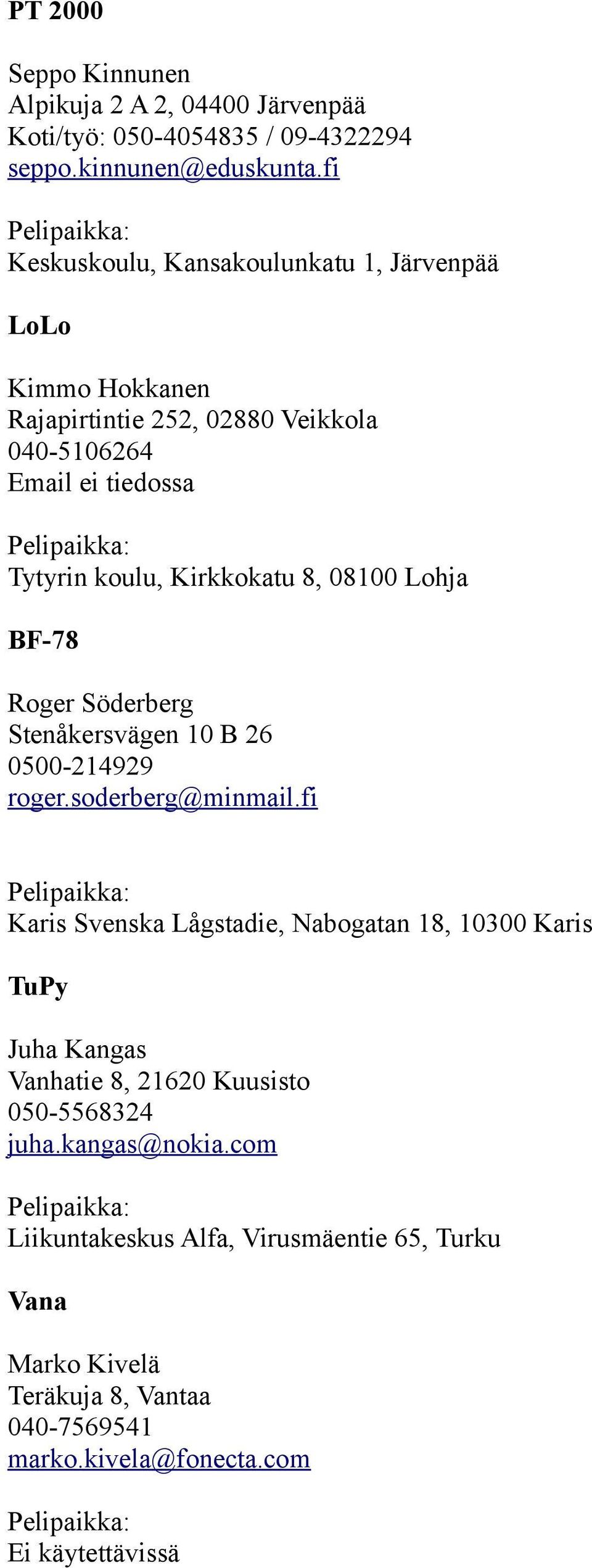 08100 Lohja BF-78 Roger Söderberg Stenåkersvägen 10 B 26 0500-214929 roger.soderberg@minmail.