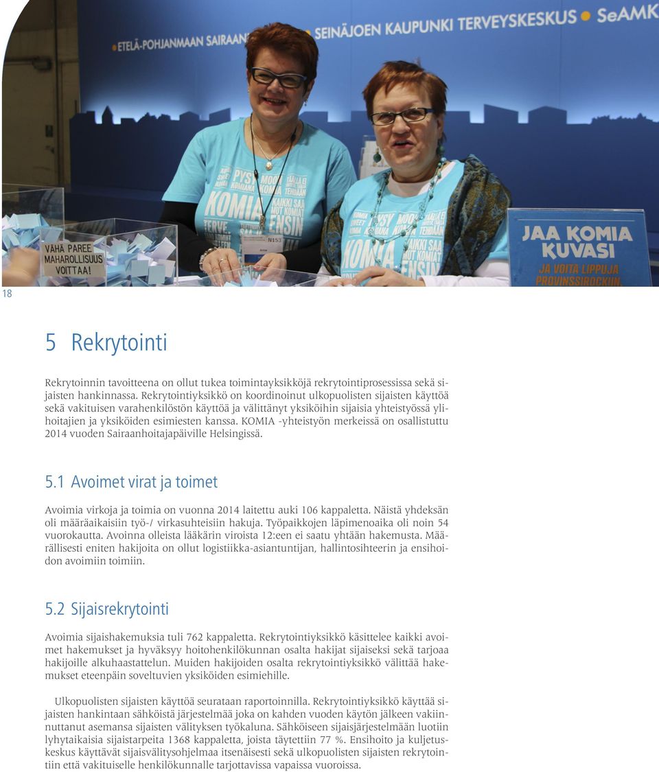 KOMIA -yhteistyön merkeissä on osallistuttu 2014 vuoden Sairaanhoitajapäiville Helsingissä. 5.1 Avoimet virat ja toimet Avoimia virkoja ja toimia on vuonna 2014 laitettu auki 106 kappaletta.