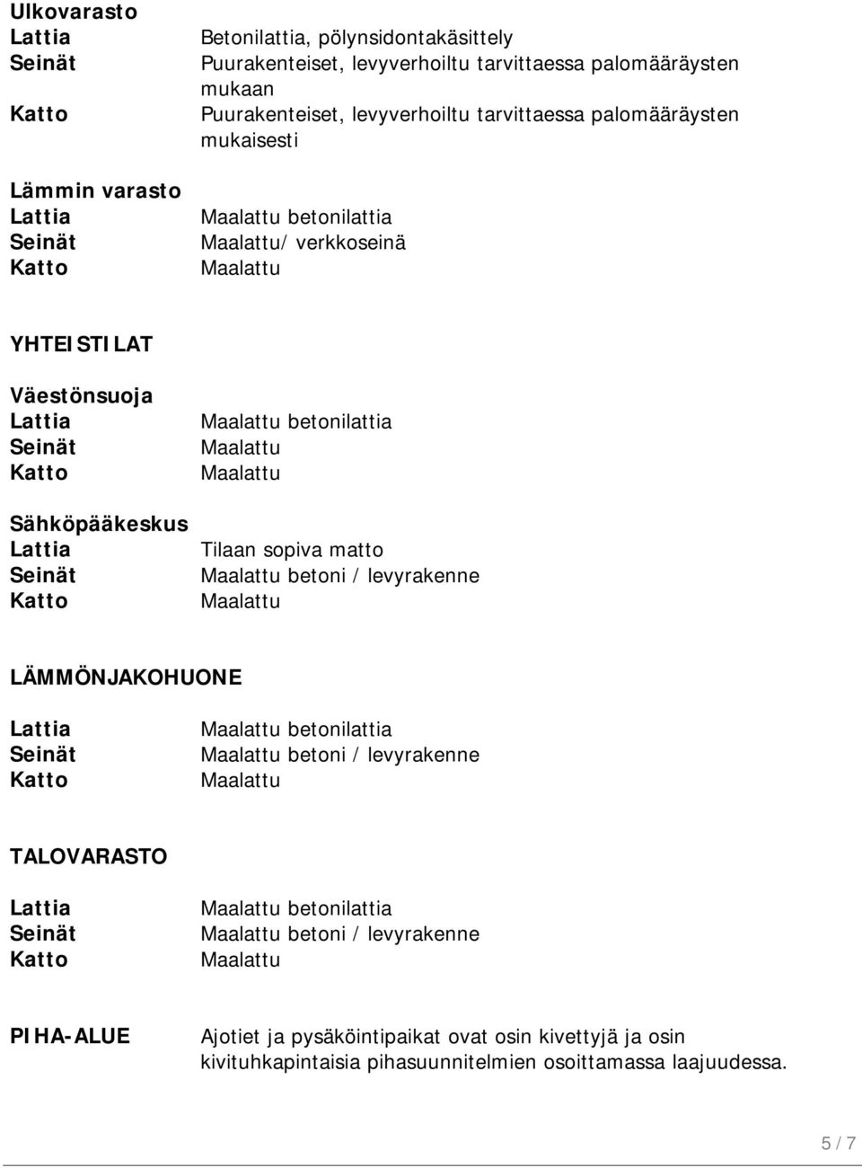 betonilattia Tilaan sopiva matto betoni / levyrakenne LÄMMÖNJAKOHUONE betonilattia betoni / levyrakenne TALOVARASTO betonilattia betoni