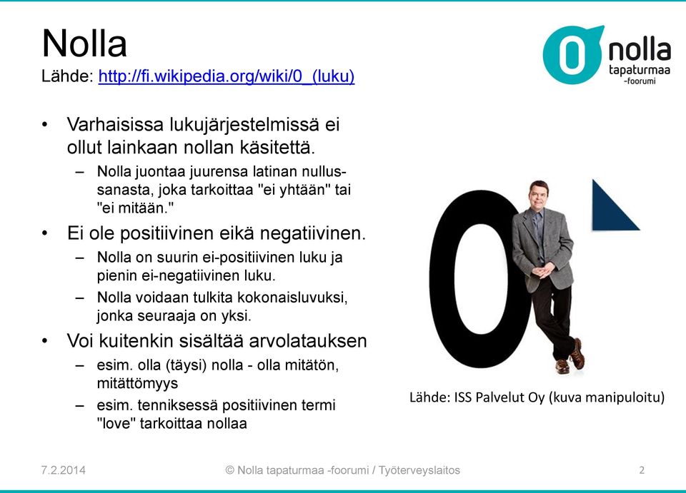 Nolla on suurin ei-positiivinen luku ja pienin ei-negatiivinen luku. Nolla voidaan tulkita kokonaisluvuksi, jonka seuraaja on yksi.