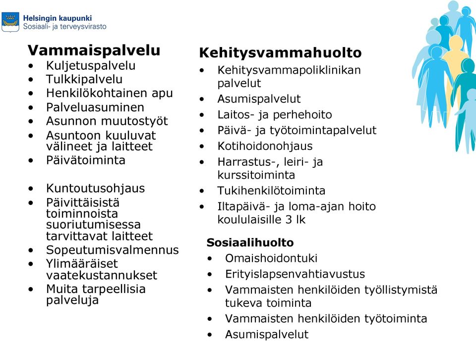 Kehitysvammapoliklinikan palvelut Asumispalvelut Laitos- ja perhehoito Päivä- ja työtoimintapalvelut Kotihoidonohjaus Harrastus-, leiri- ja kurssitoiminta Tukihenkilötoiminta