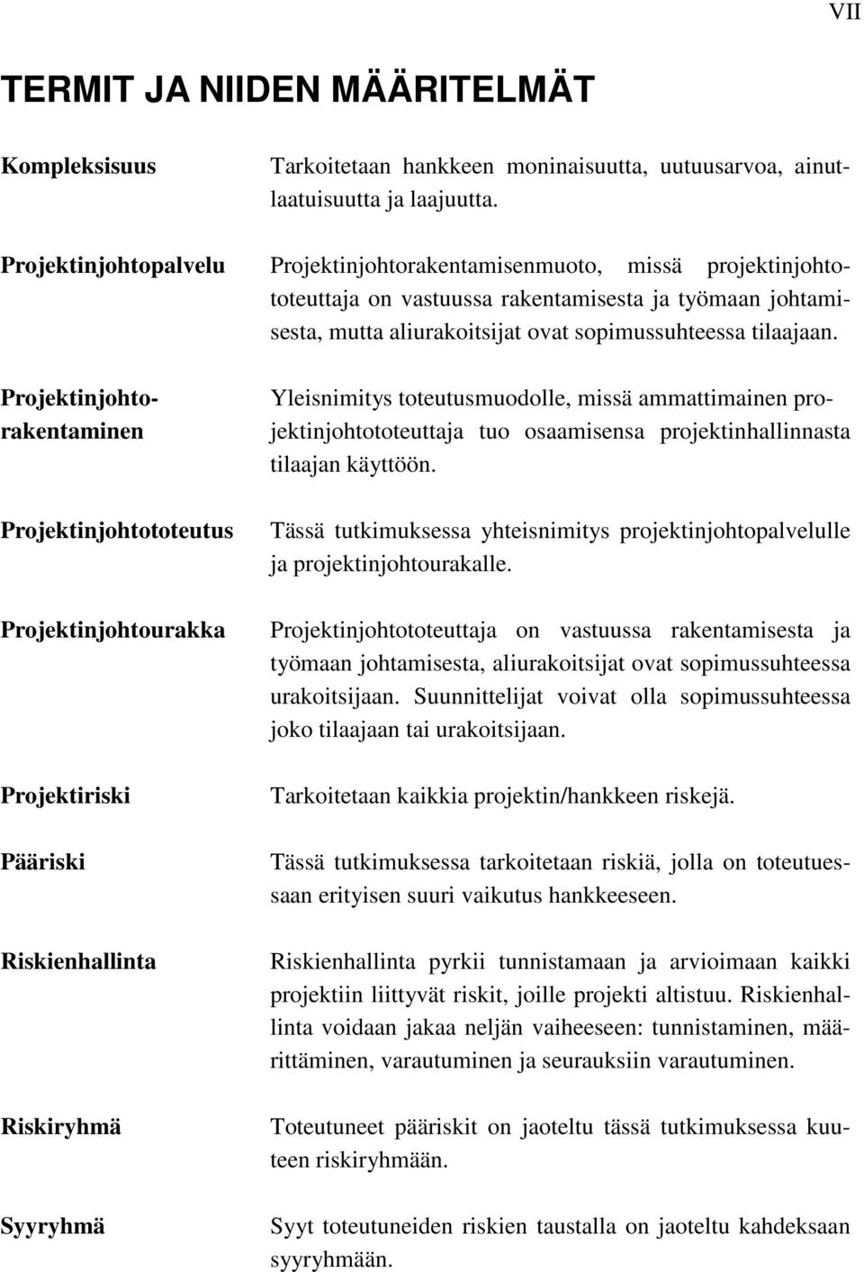 Projektinjohtorakentaminen Projektinjohtototeutus Projektinjohtourakka Projektiriski Pääriski Riskienhallinta Riskiryhmä Syyryhmä Yleisnimitys toteutusmuodolle, missä ammattimainen