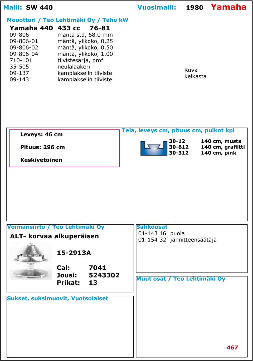 09-143 kampiakselin tiiviste Leveys: 46 cm Pituus: 296 cm Keskivetoinen 30-12 140 cm, musta 30-612 140 cm, grafiitti