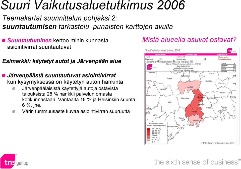 Esimerkki: käytetyt autot ja Järvenpään alue Järvenpäästä suuntautuvat asiointivirrat kun kysymyksessä on käytetyn auton hankinta