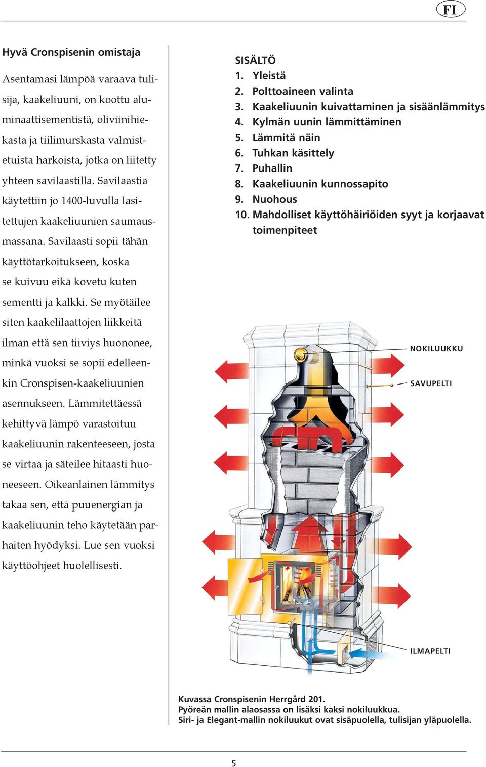 Kaakeliuunin kuivattaminen ja sisäänlämmitys 4. Kylmän uunin lämmittäminen 5. Lämmitä näin 6. Tuhkan käsittely 7. Puhallin 8. Kaakeliuunin kunnossapito 9. Nuohous 10.