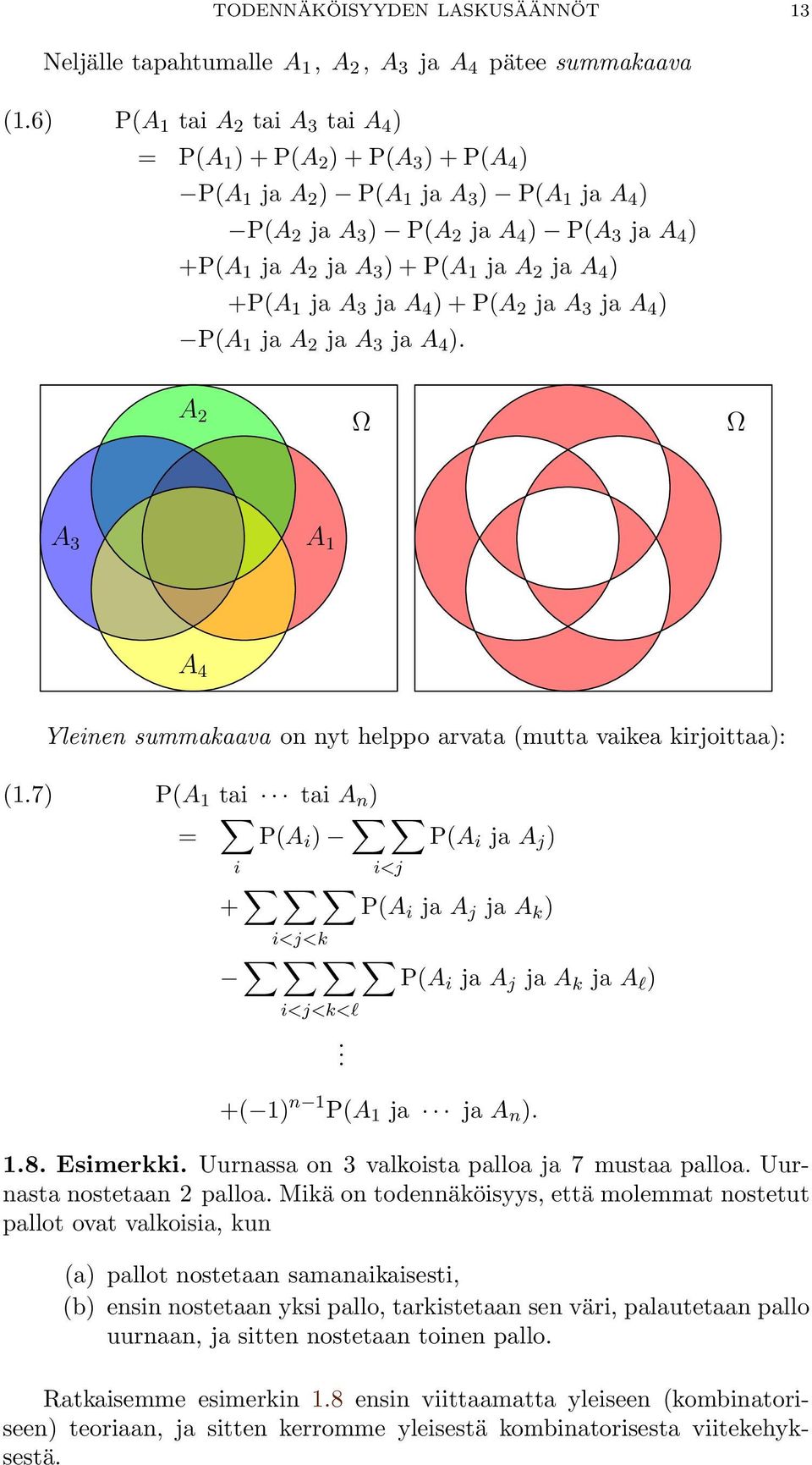 A 2 ja A 4 ) +P(A 1 ja A 3 ja A 4 ) + P(A 2 ja A 3 ja A 4 ) P(A 1 ja A 2 ja A 3 ja A 4 ). A 2 Ω Ω A 3 A 1 A 4 Yleinen summakaava on nyt helppo arvata (mutta vaikea kirjoittaa): (1.