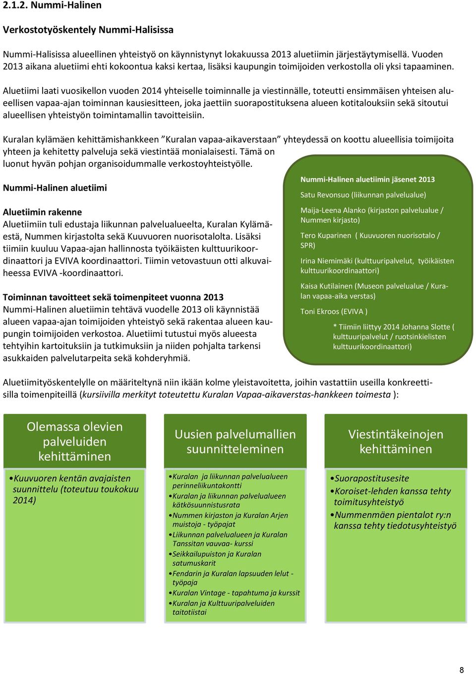 Aluetiimi laati vuosikellon vuoden 2014 yhteiselle toiminnalle ja viestinnälle, toteutti ensimmäisen yhteisen alueellisen vapaa-ajan toiminnan kausiesitteen, joka jaettiin suorapostituksena alueen