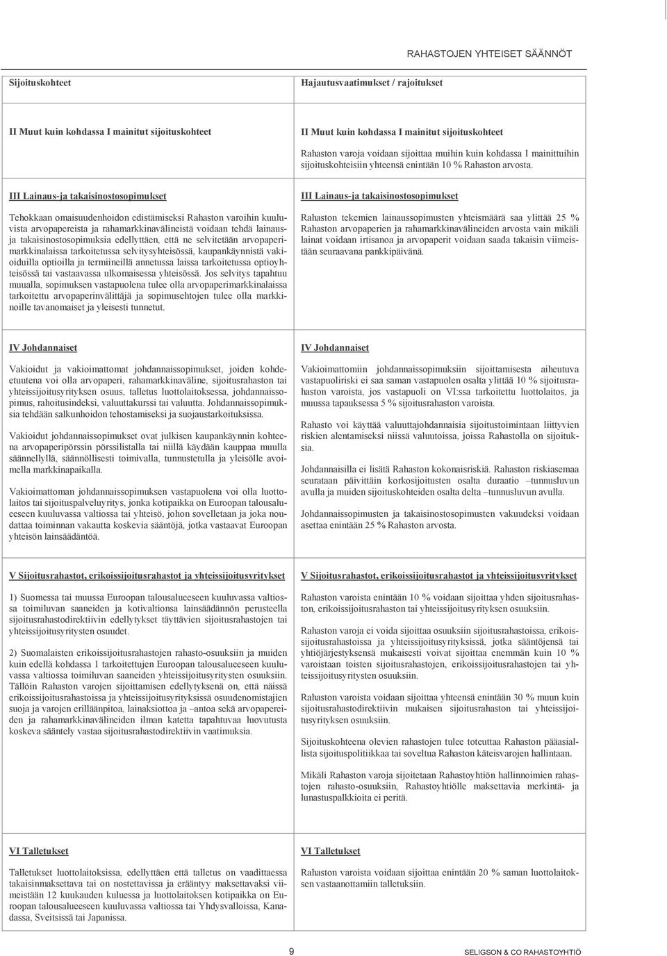 III Lainaus-ja takaisinostosopimukset Tehokkaan omaisuudenhoidon edistämiseksi Rahaston varoihin kuuluvista arvopapereista ja rahamarkkinavälineistä voidaan tehdä lainausja takaisinostosopimuksia