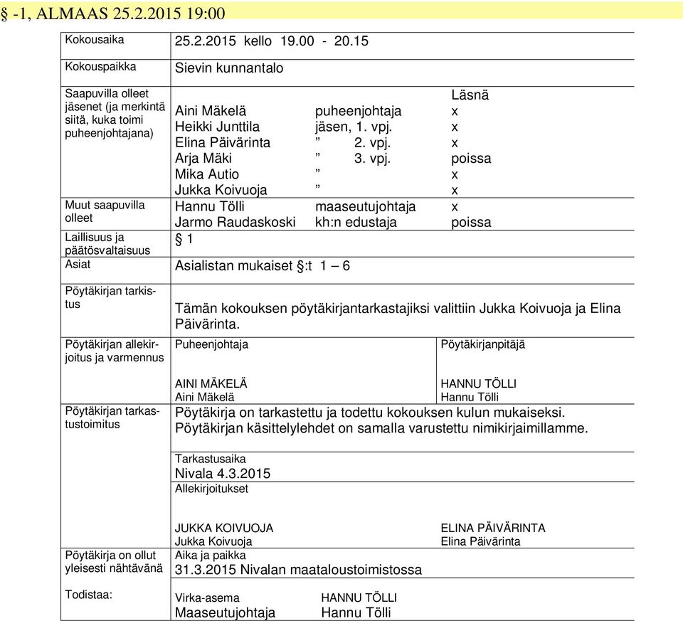 Jukka Koivuoja Hannu Tölli Jarmo Raudaskoski 1 Laillisuus ja päätösvaltaisuus Asiat Asialistan mukaiset :t 1 6 puheenjohtaja jäsen, 1. vpj.