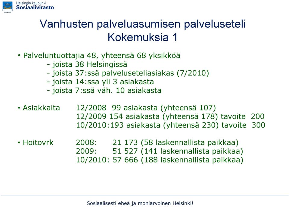 10 asiakasta Asiakkaita 12/2008 99 asiakasta (yhteensä 107) 12/2009 154 asiakasta (yhteensä 178) tavoite 200 10/2010:193