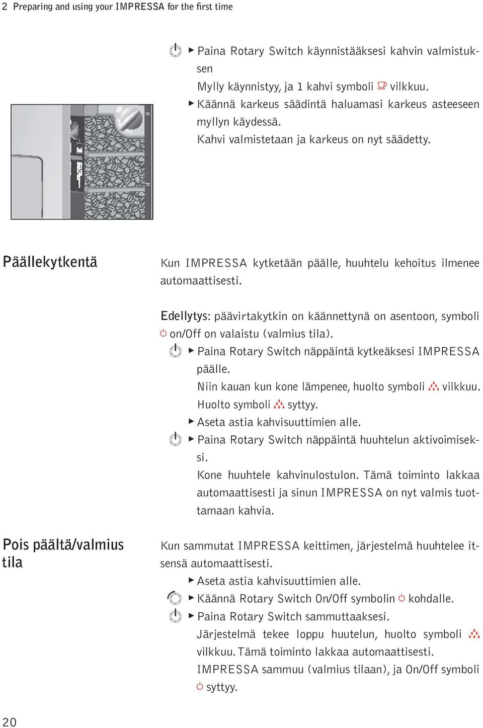 Edeytys: äävirtakytkin n käännettynä n asentn, symbi g n/off n vaaistu (vamius tia). m Paina Rtary Switch nääintä kytkeäksesi IMPRESSA ääe. Niin kauan kun kne ämenee, hut symbi h vikkuu.