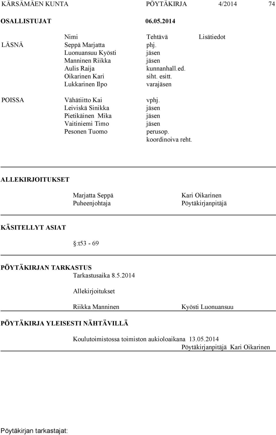 Leiviskä Sinikka jäsen Pietikäinen Mika jäsen Vaitiniemi Timo jäsen Pesonen Tuomo perusop. koordinoiva reht.