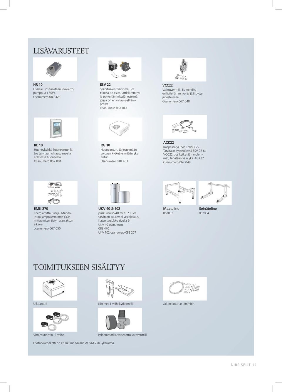 Osanumero 067 047 VCC22 Vaihtoventtiili. Esimerkiksi erillisille lämmitys- ja jäähdytysjärjestelmille. Osanumero 067 048 RE10 ACK22 RG 10 RE 10 Huoneyksikkö huoneanturilla.