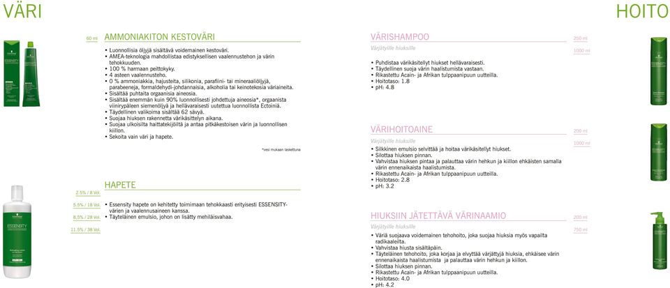 0 % ammoniakkia, hajusteita, silikonia, parafiini- tai mineraaliöljyjä, parabeeneja, formaldehydi-johdannaisia, alkoholia tai keinotekosia väriaineita. Sisältää puhtaita orgaanisia aineosia.