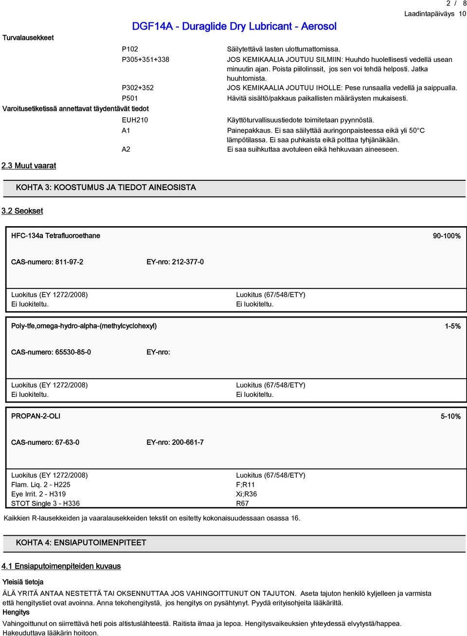 P501 Varoitusetiketissä annettavat täydentävät tiedot 2.3 Muut vaarat EUH210 Hävitä sisältö/pakkaus paikallisten määräysten mukaisesti. Käyttöturvallisuustiedote toimitetaan pyynnöstä.
