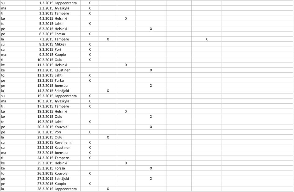2.2015 Lappeenranta X ma 16.2.2015 Jyväskylä X ti 17.2.2015 Tampere X ke 18.2.2015 Helsinki X ke 18.2.2015 Oulu X to 19.2.2015 Lahti X pe 20.2.2015 Kouvola X pe 20.2.2015 Pori X la 21.2.2015 Oulu X su 22.