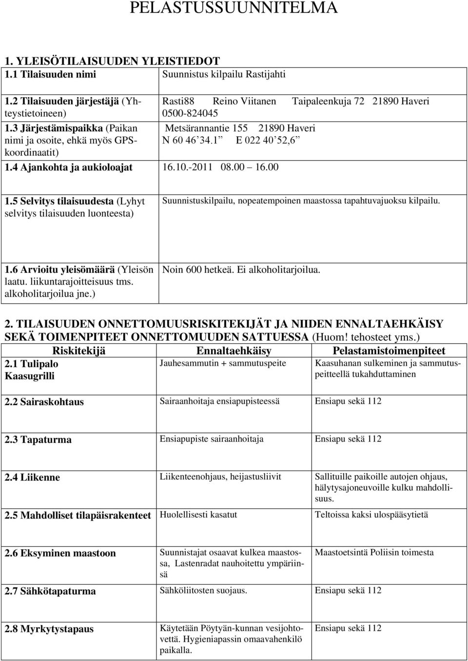 00 Rasti88 Reino Viitanen Taipaleenkuja 72 21890 Haveri 0500-824045 Metsärannantie 155 21890 Haveri N 60 46 34.1 E 022 40 52,6 1.