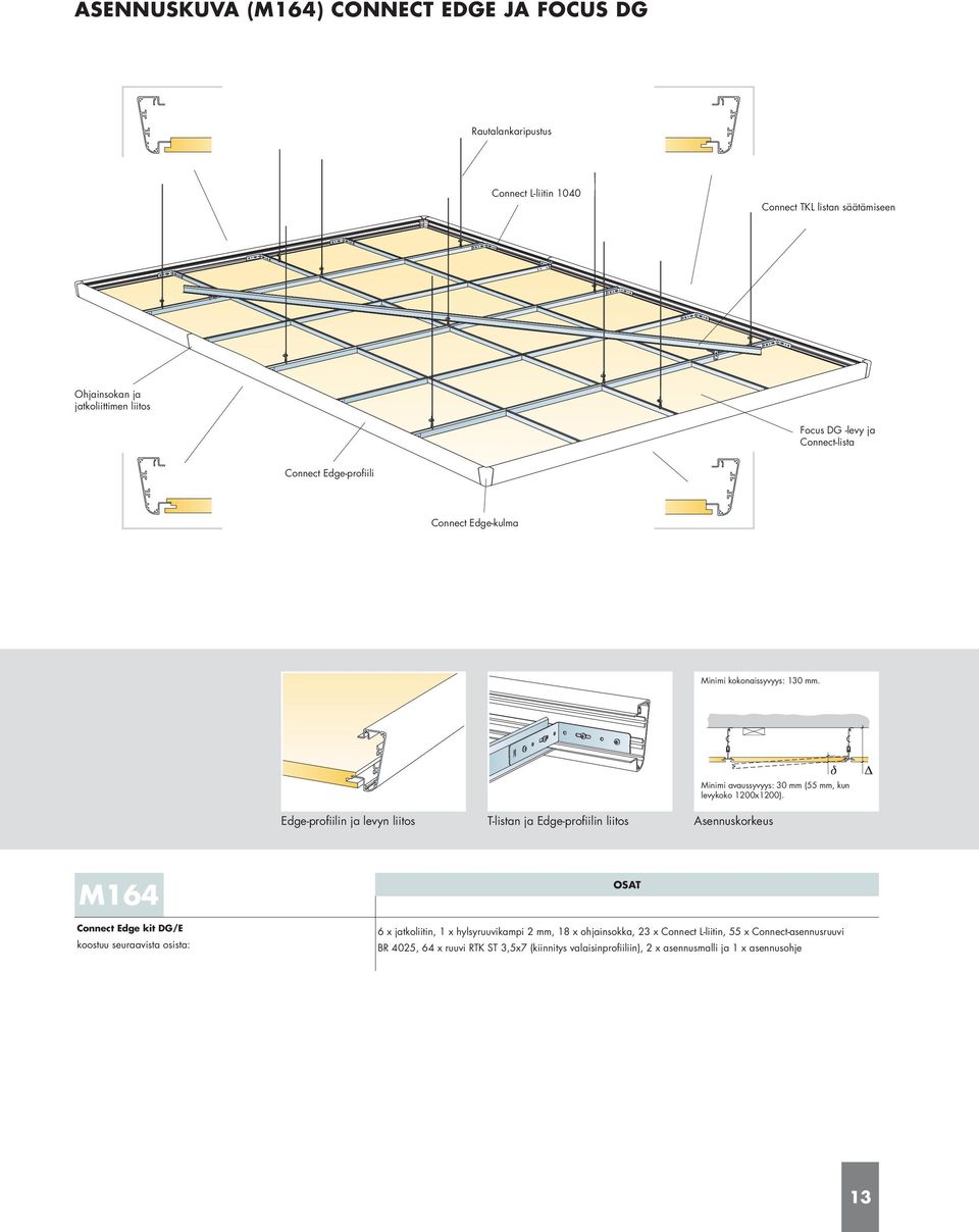Edge-profiilin ja levyn liitos T-listan ja Edge-profiilin liitos Asennuskorkeus Minimi avaussyvyys: 30 mm (55 mm, kun levykoko 1200x1200).