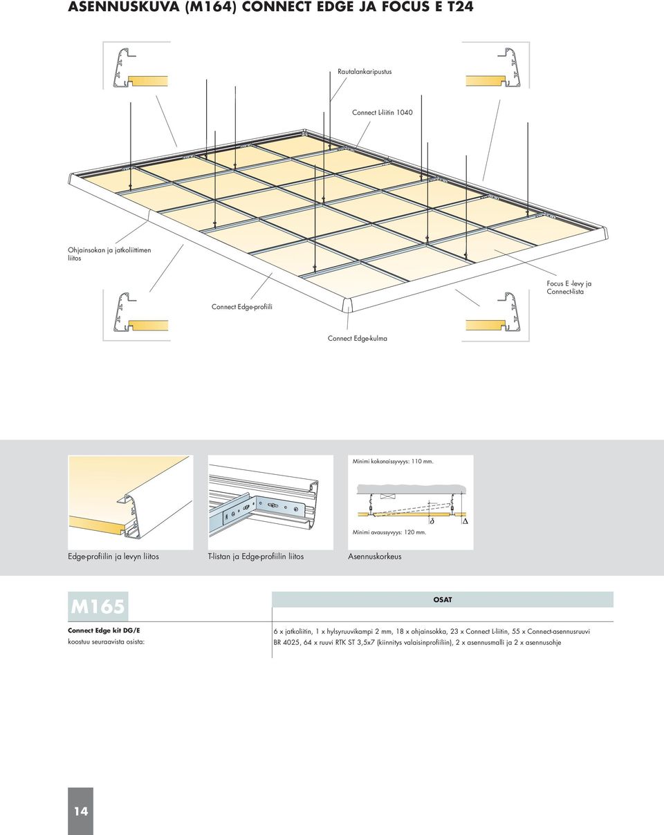 Edge-profiilin ja levyn liitos T-listan ja Edge-profiilin liitos Asennuskorkeus M165 Connect Edge kit DG/E koostuu seuraavista osista: OSAT 6 x