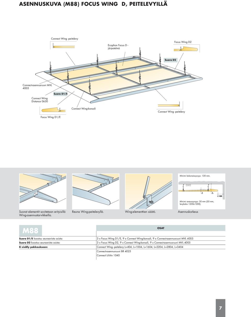 Suorat elementit sovitetaan erityisillä Wing-asennustarvikkeilla. Reuna Wing-peitelevyllä. Wing-elementtien säätö.
