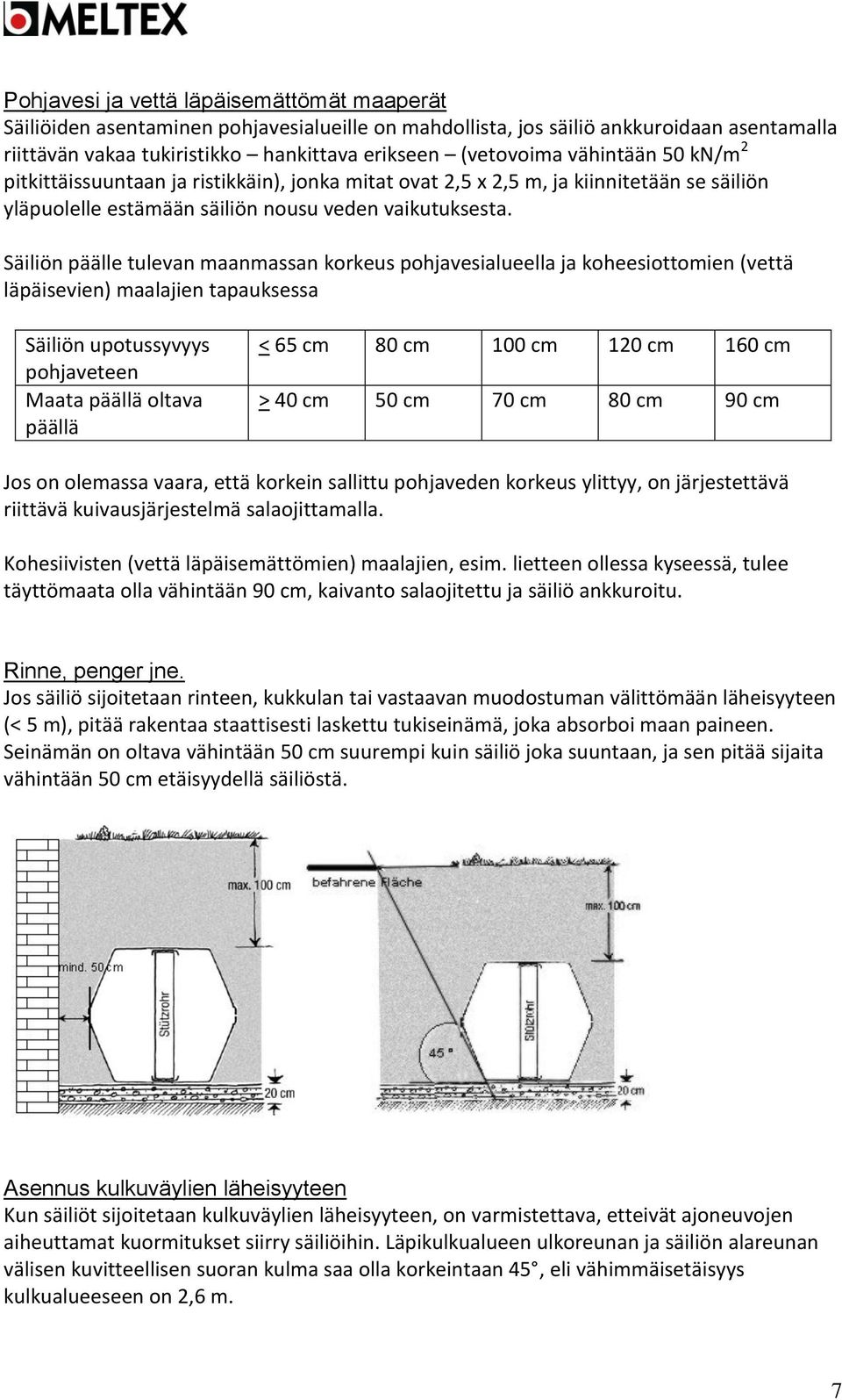 Säiliön päälle tulevan maanmassan korkeus pohjavesialueella ja koheesiottomien (vettä läpäisevien) maalajien tapauksessa Säiliön upotussyvyys pohjaveteen Maata päällä oltava päällä < 65 cm 80 cm 100