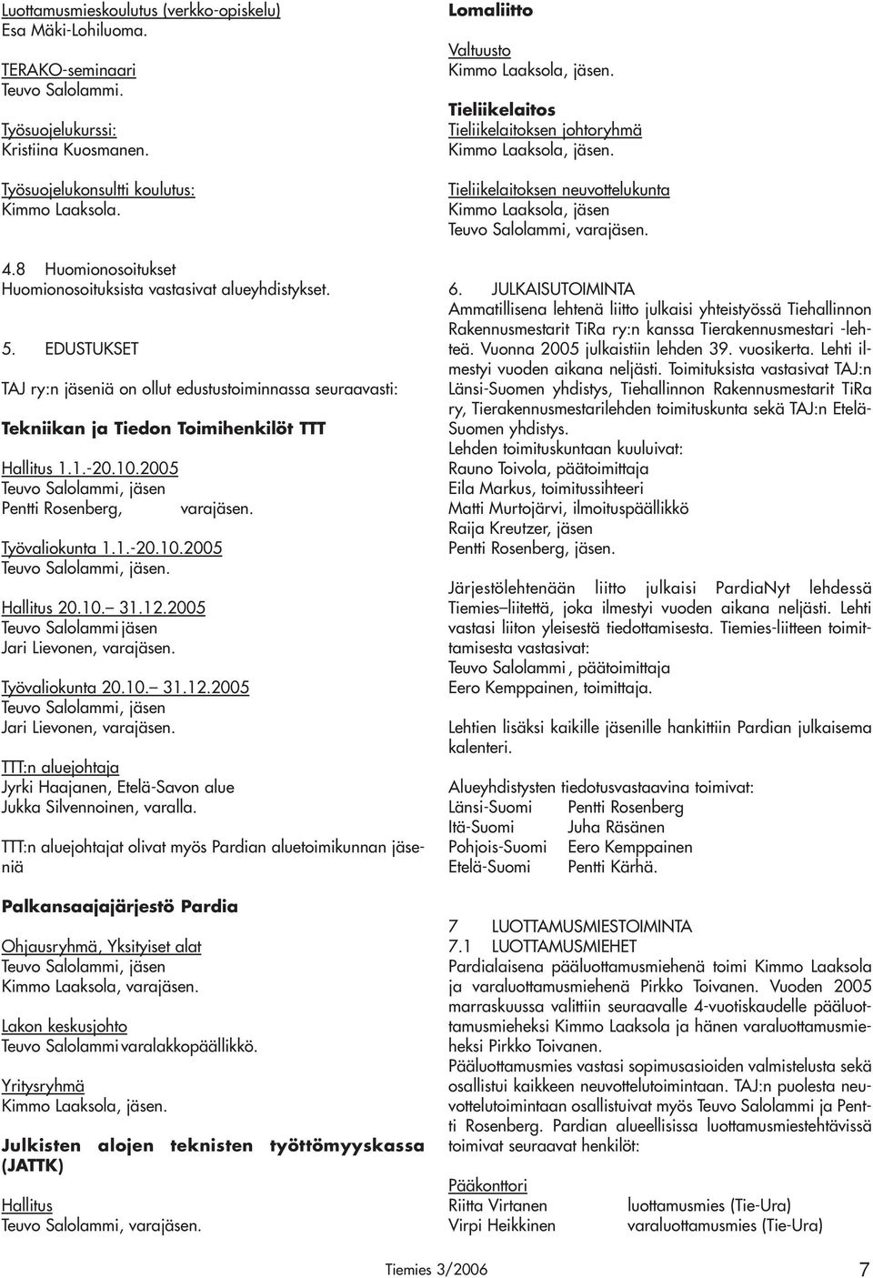 2005 Teuvo Salolammi, jäsen Pentti Rosenberg,. Työvaliokunta 1.1.-20.10.2005 Teuvo Salolammi, jäsen. Hallitus 20.10. 31.12.2005 Teuvo Salolammi jäsen Jari Lievonen,. Työvaliokunta 20.10. 31.12.2005 Teuvo Salolammi, jäsen Jari Lievonen,.