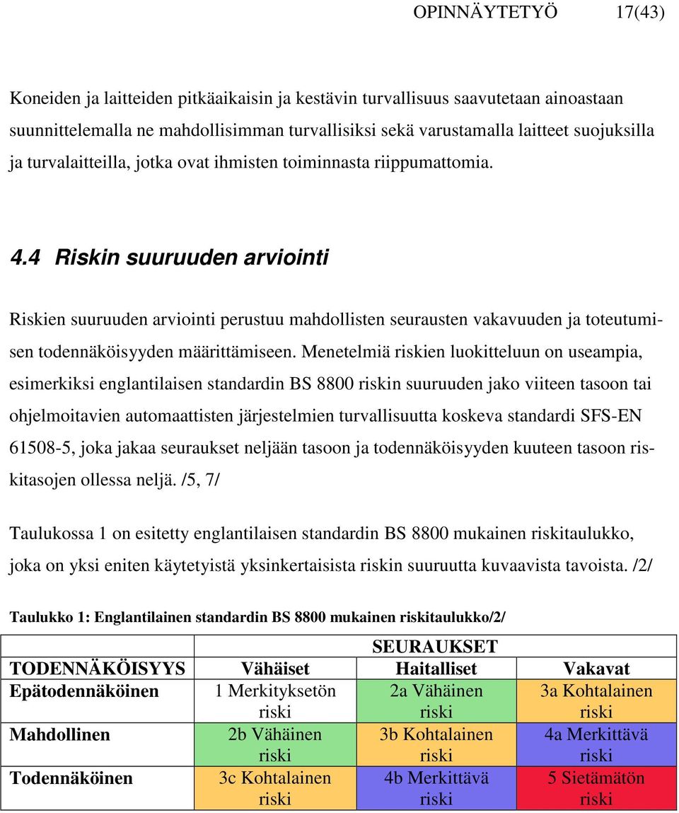 4 Riskin suuruuden arviointi Riskien suuruuden arviointi perustuu mahdollisten seurausten vakavuuden ja toteutumisen todennäköisyyden määrittämiseen.