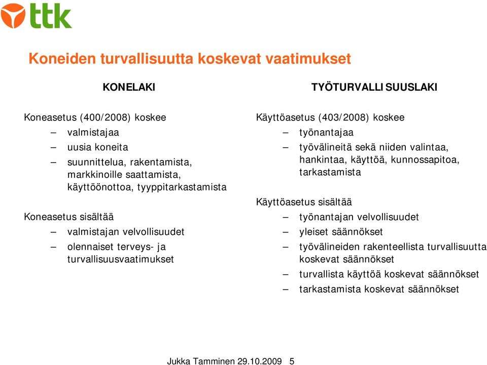 (403/2008) koskee työnantajaa työvälineitä sekä niiden valintaa, hankintaa, käyttöä, kunnossapitoa, tarkastamista Käyttöasetus sisältää työnantajan velvollisuudet