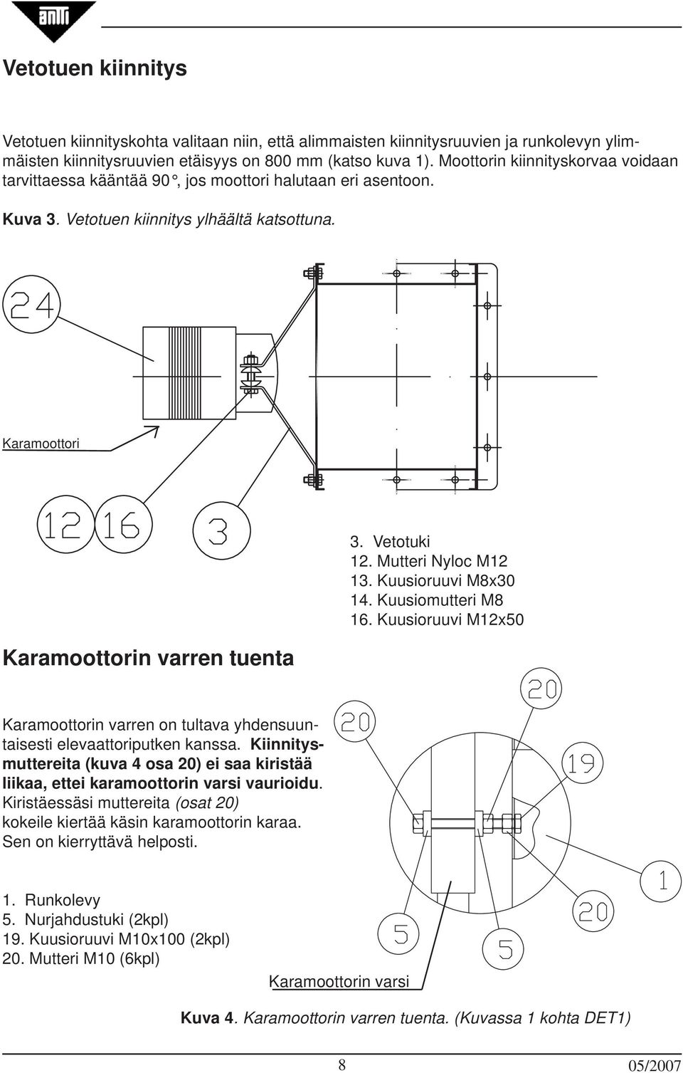 Mutteri Nyloc M12 13. Kuusioruuvi M8x30 14. Kuusiomutteri M8 16. Kuusioruuvi M12x50 Karamoottorin varren on tultava yhdensuuntaisesti elevaattoriputken kanssa.