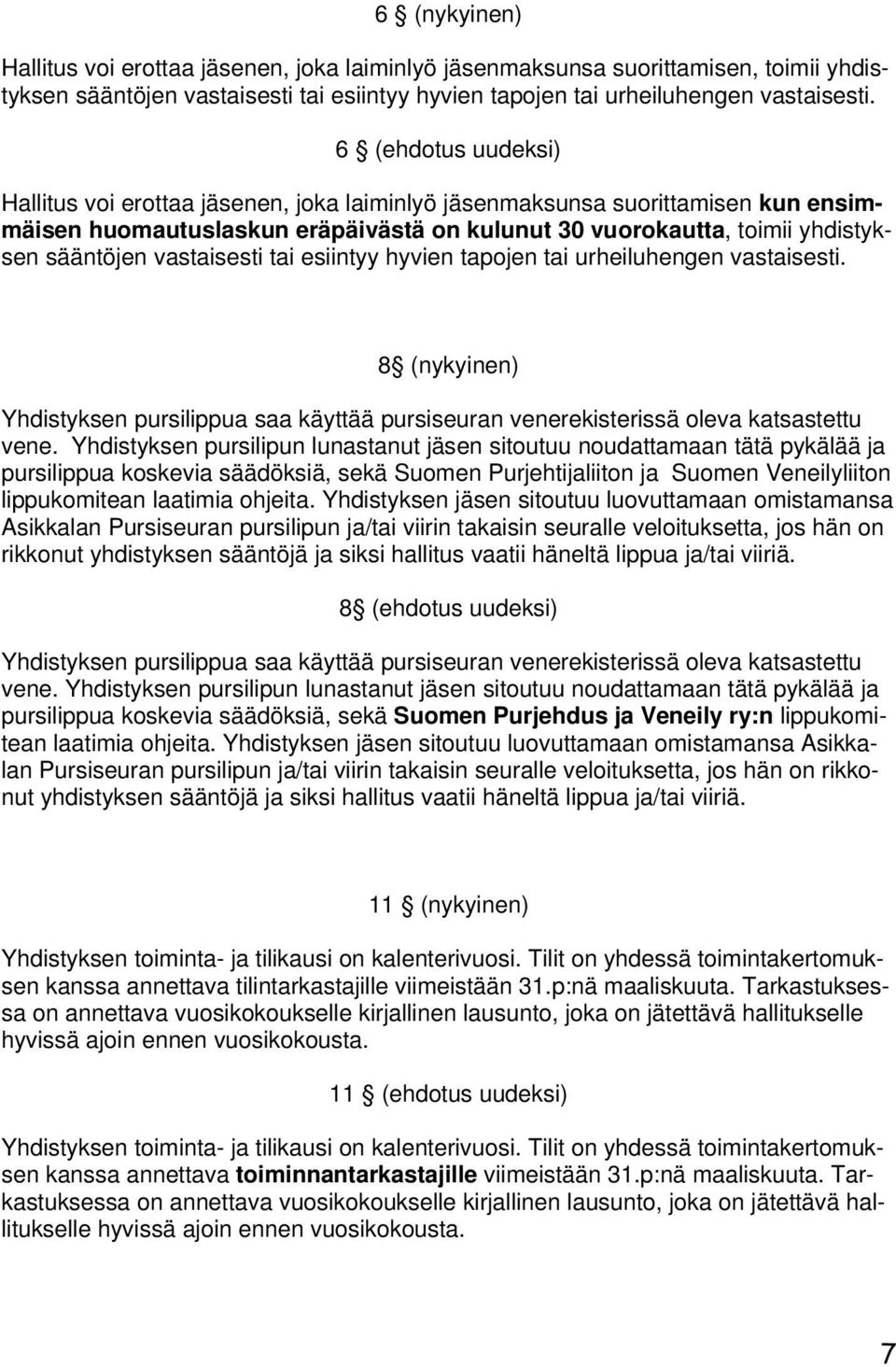 vastaisesti tai esiintyy hyvien tapojen tai urheiluhengen vastaisesti. 8 (nykyinen) Yhdistyksen pursilippua saa käyttää pursiseuran venerekisterissä oleva katsastettu vene.