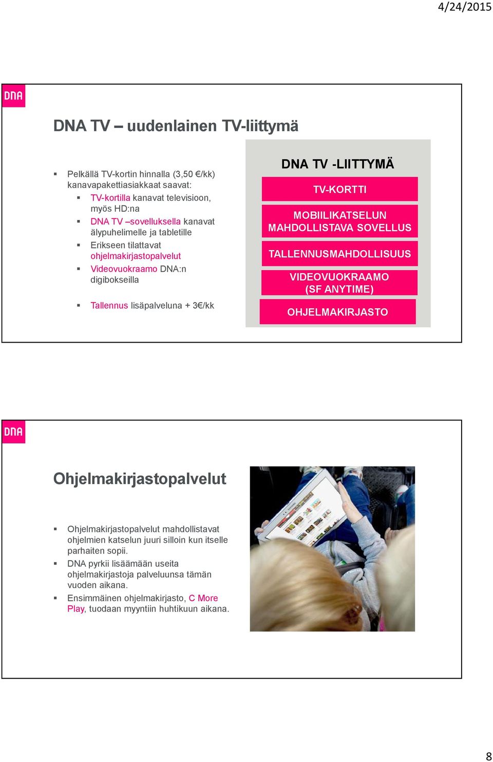 TALLENNUSMAHDOLLISUUS VIDEOVUOKRAAMO (SF ANYTIME) Tallennus lisäpalveluna + 3 /kk OHJELMAKIRJASTO Ohjelmakirjastopalvelut Ohjelmakirjastopalvelut mahdollistavat ohjelmien katselun