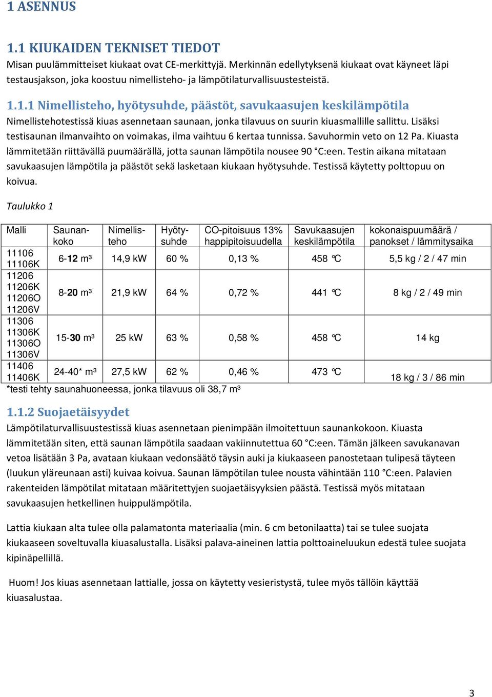 1.1 Nimellisteho, hyötysuhde, päästöt, savukaasujen keskilämpötila Nimellistehotestissä kiuas asennetaan saunaan, jonka tilavuus on suurin kiuasmallille sallittu.