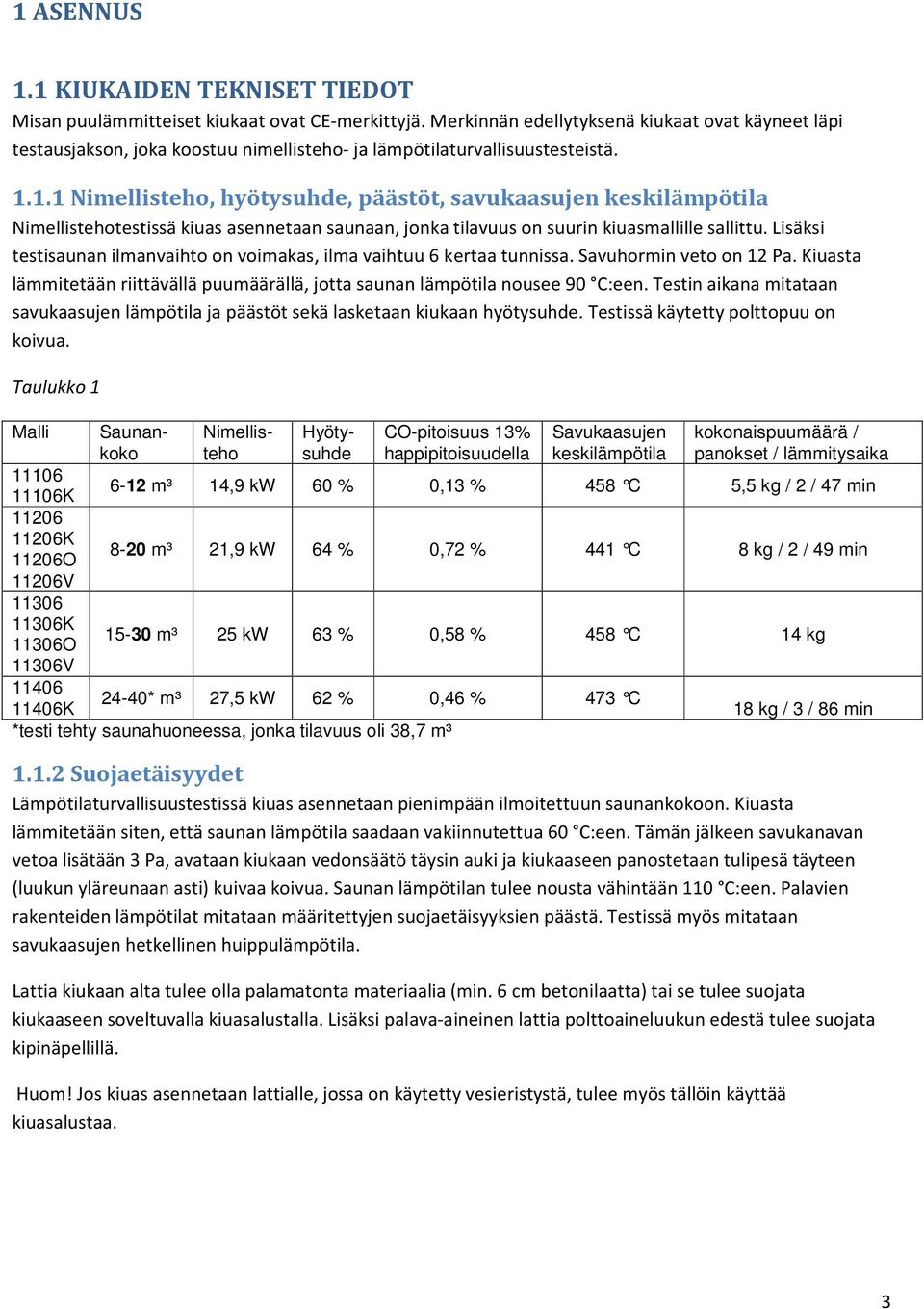 1.1 Nimellisteho, hyötysuhde, päästöt, savukaasujen keskilämpötila Nimellistehotestissä kiuas asennetaan saunaan, jonka tilavuus on suurin kiuasmallille sallittu.